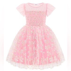 Arshiner Girls Birthday Holiday Floral Tulle Ruffle Sleeve Dress